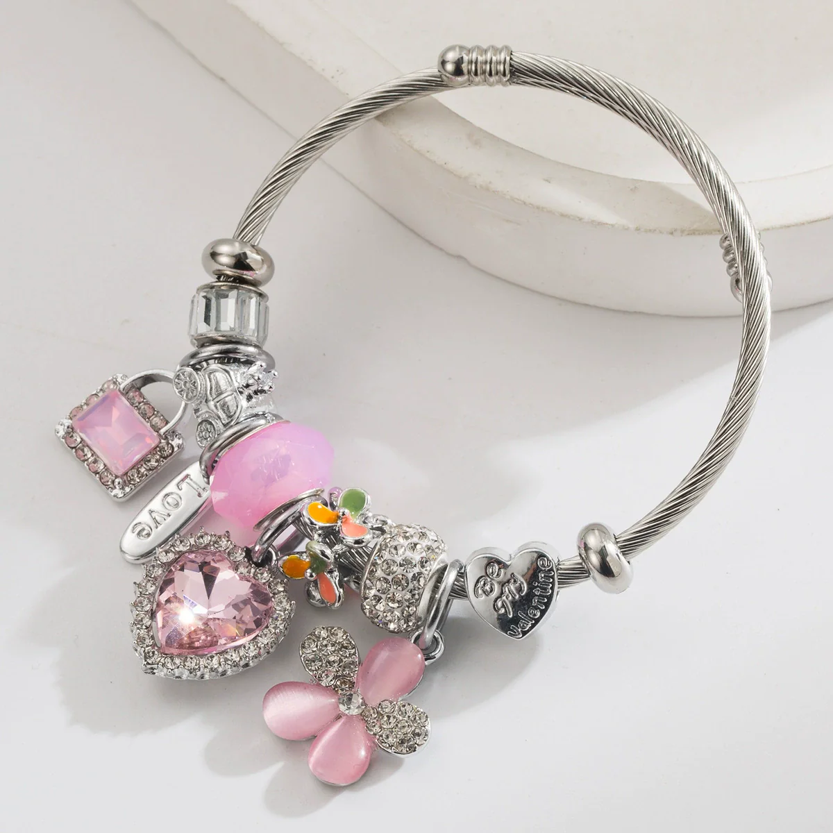 Wholesale Heart Flower Pendant Bracelet Stainless Steel Alloy Set With Diamonds Women's Fashion Plants Flowers Style - Image 3