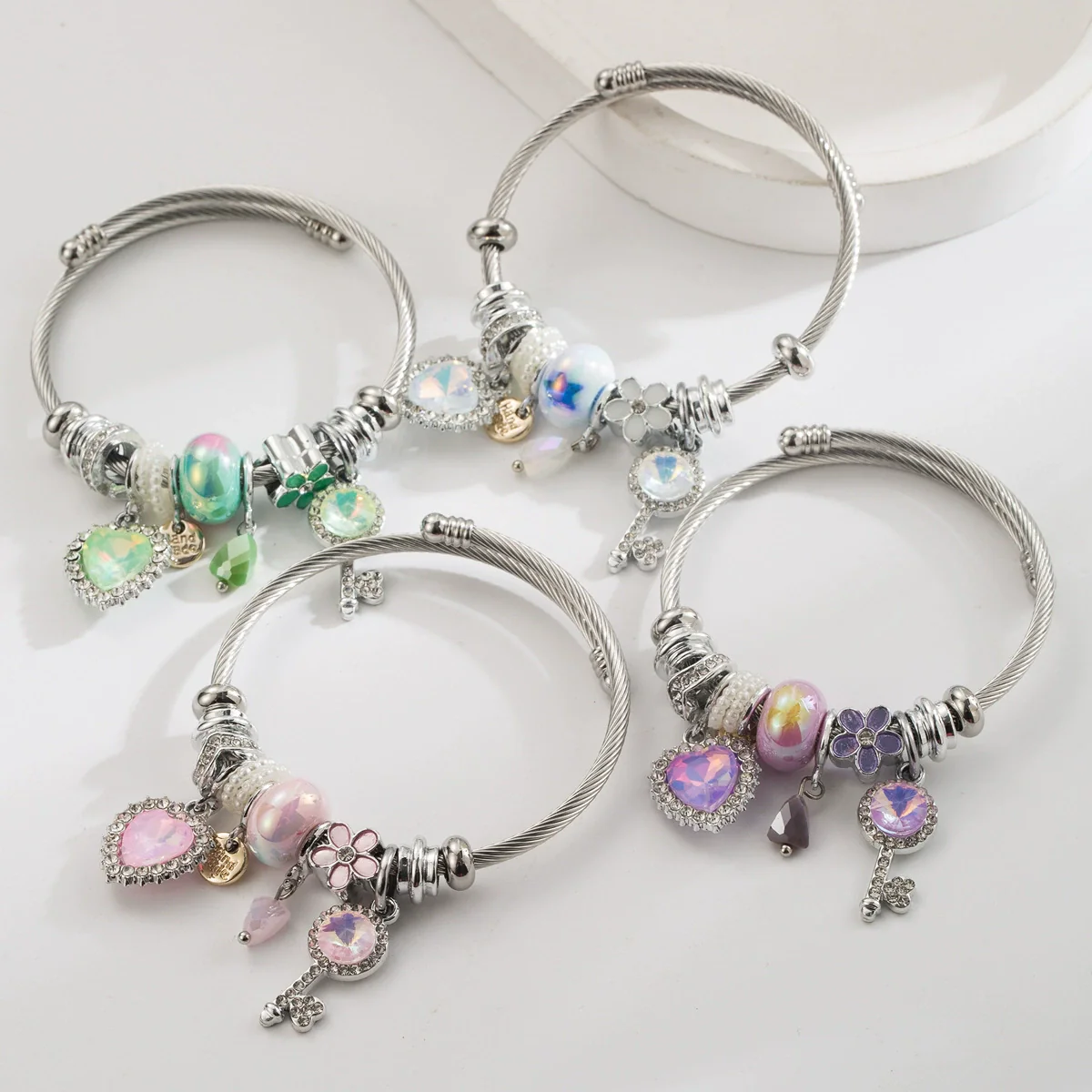 Wholesale Heart Key Flower Pendant Bracelet Alloy Set With Diamonds Adjustable Couple Bracelet