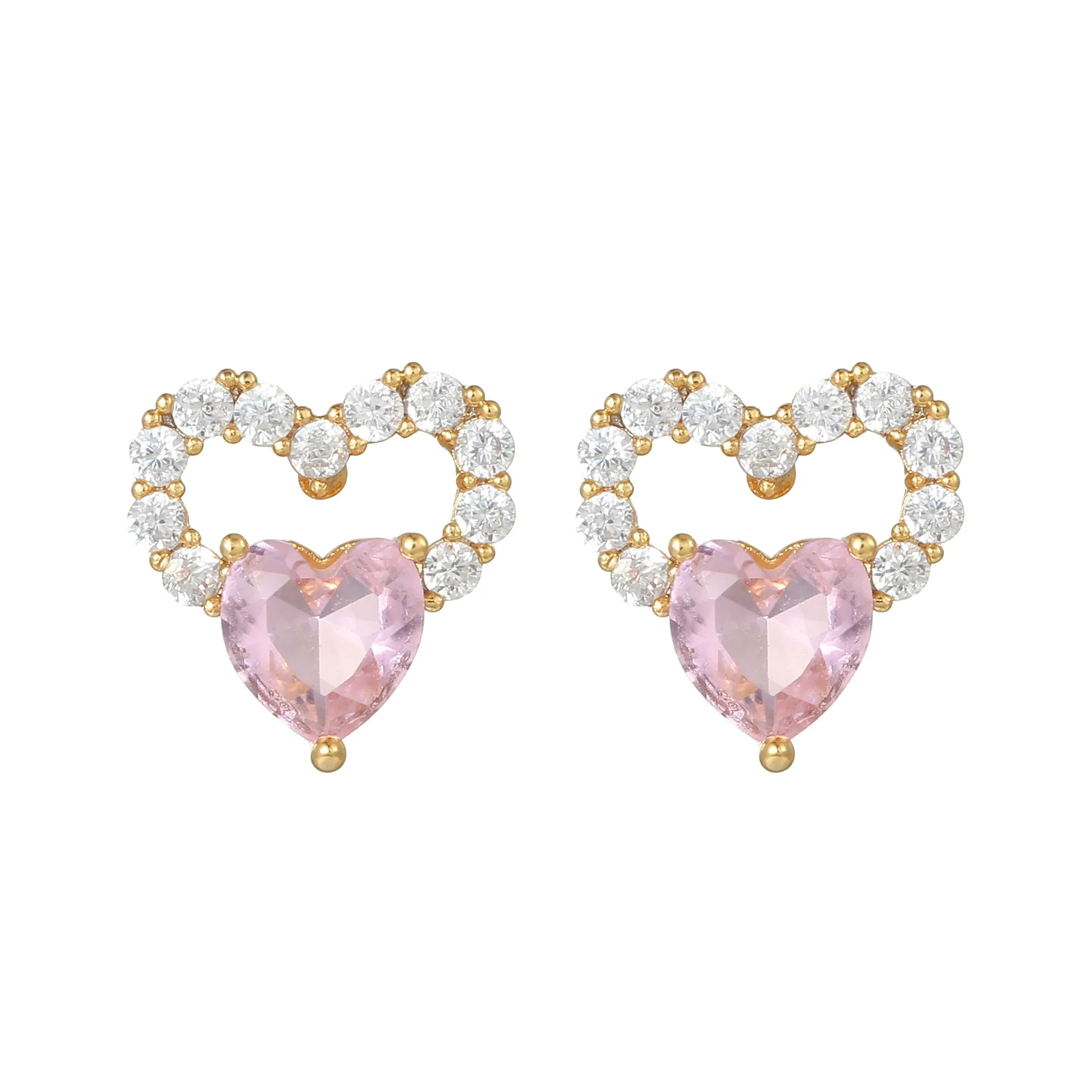 Wholesale Heartshaped Pink Zircon Earrings Brass 925 Silver Needle Electroplated Cute Jewelry - Image 7