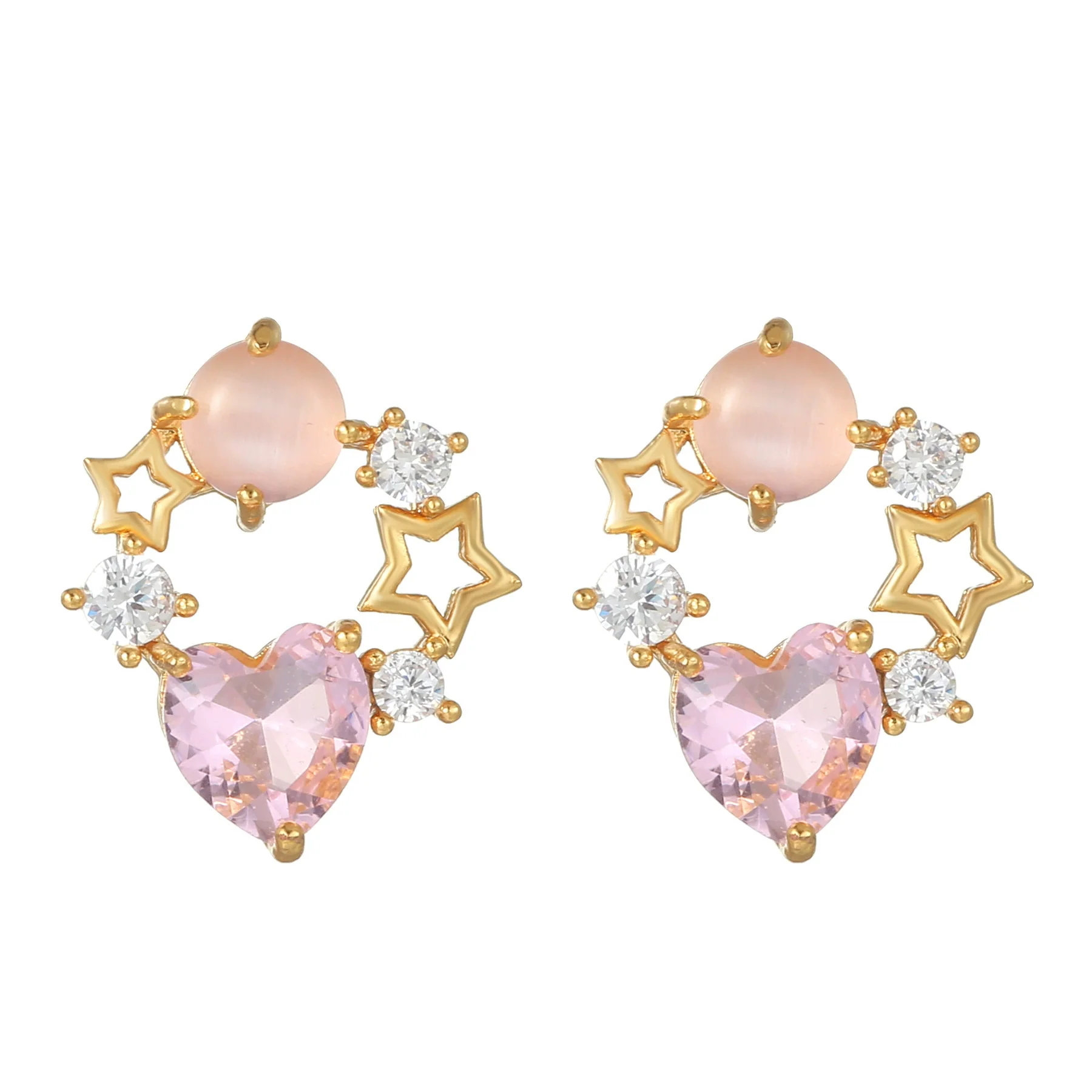 Wholesale Heartshaped Pink Zircon Earrings Brass 925 Silver Needle Electroplated Cute Jewelry - Image 9