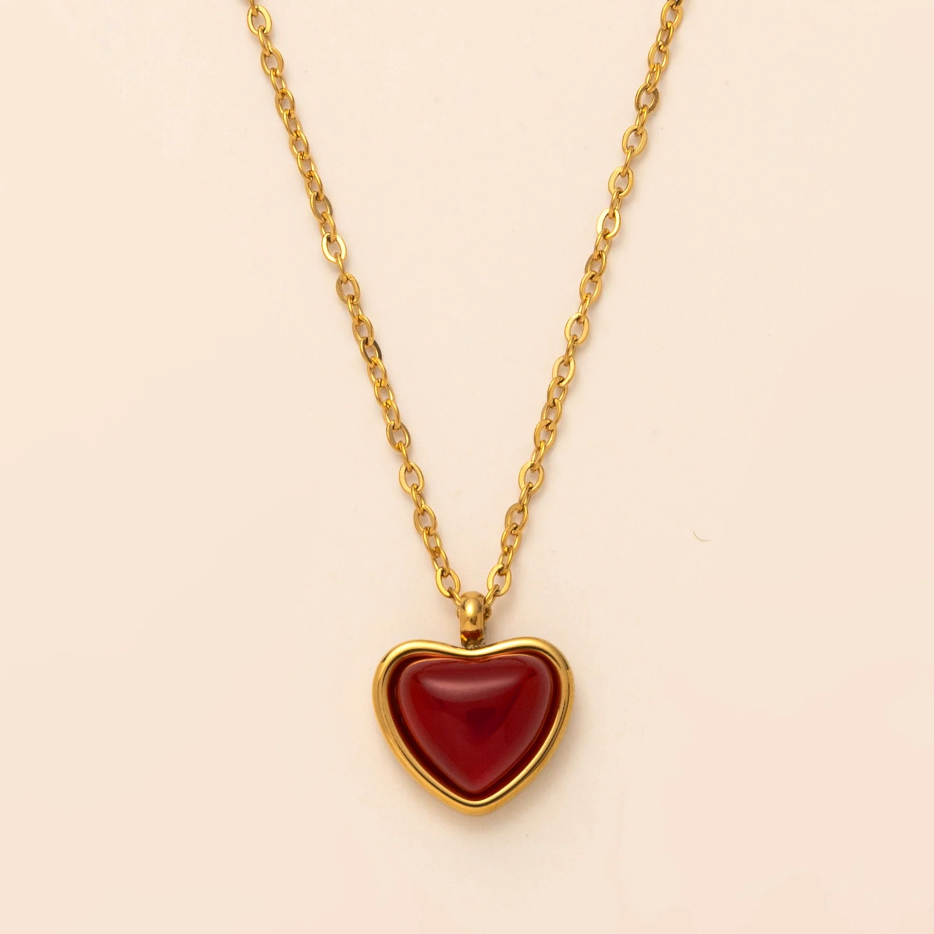 Wholesale Heartshaped Red Agate Pendant Necklace And Earrings In Titanium Steel Electroplated 18K Gold - Image 6