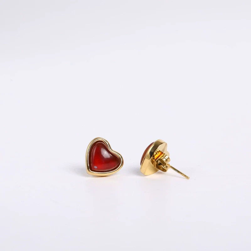 Wholesale Heartshaped Red Agate Pendant Necklace And Earrings In Titanium Steel Electroplated 18K Gold - Image 7