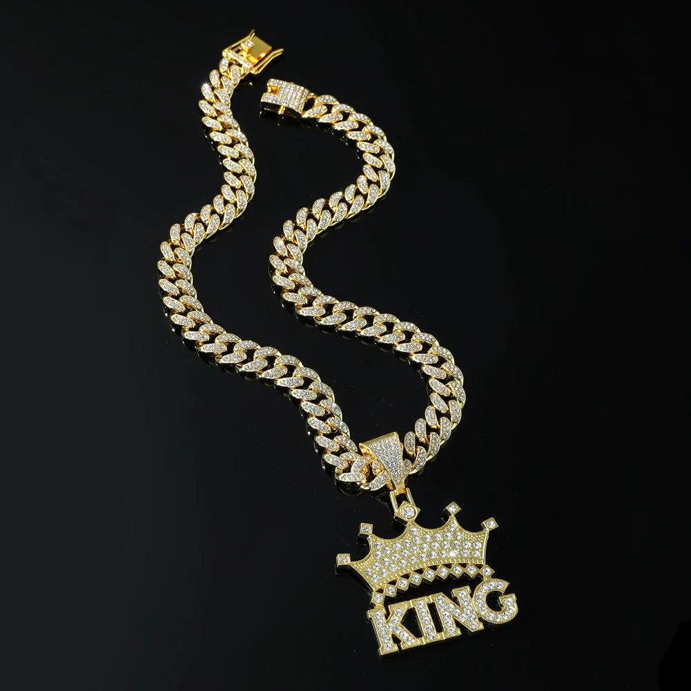Wholesale Hip Hop Alloy Necklace With Letter Crown Pendant And Diamond Design For Men Cuban Chain Style - Image 3
