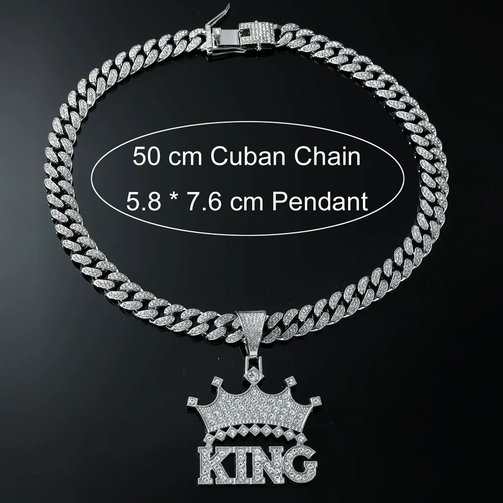 Wholesale Hip Hop Alloy Necklace With Letter Crown Pendant And Diamond Design For Men Cuban Chain Style - Image 4