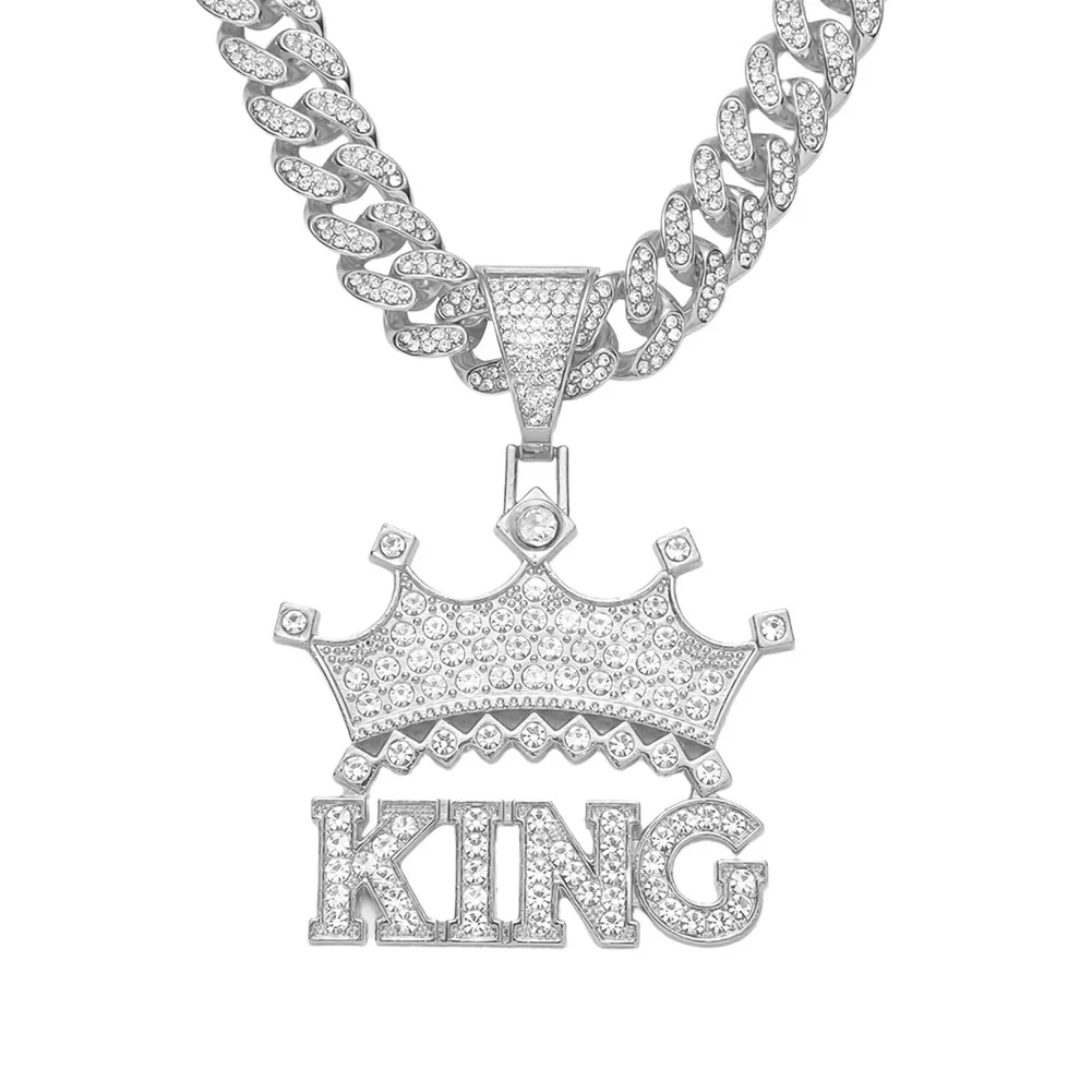 Wholesale Hip Hop Alloy Necklace With Letter Crown Pendant And Diamond Design For Men Cuban Chain Style - Image 7