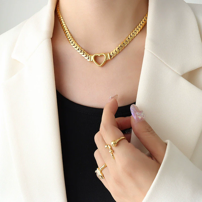 Wholesale Hip Hop Punk Geometric Heart Cuban Chain Ring Necklace In Titanium Steel 18K Gold Plated Jewelry
