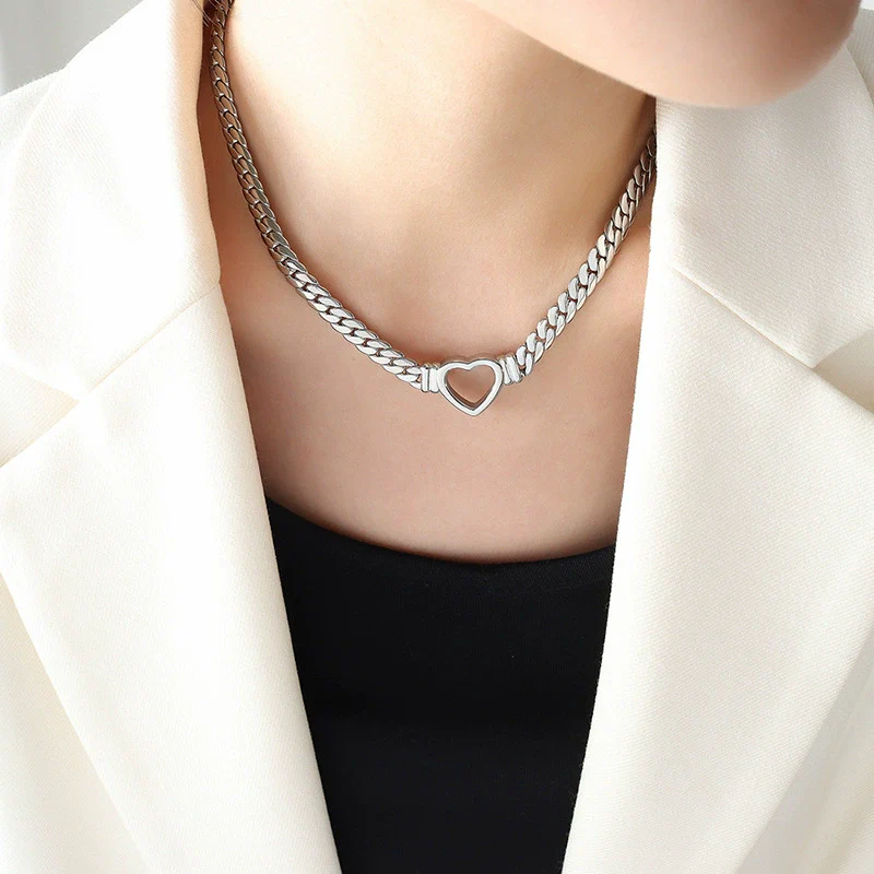 Wholesale Hip Hop Punk Geometric Heart Cuban Chain Ring Necklace In Titanium Steel 18K Gold Plated Jewelry - Image 5