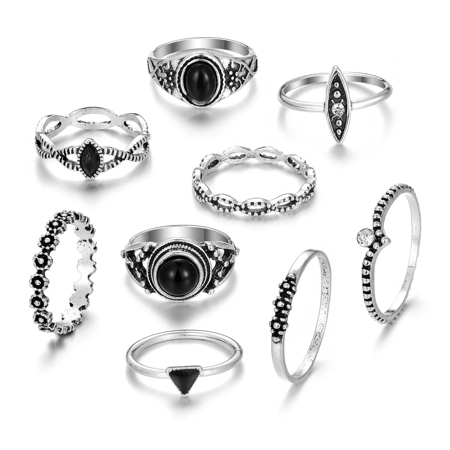 Wholesale Hip Hop Retro Geometric Alloy Ring Set With Black Gemstones - Image 8