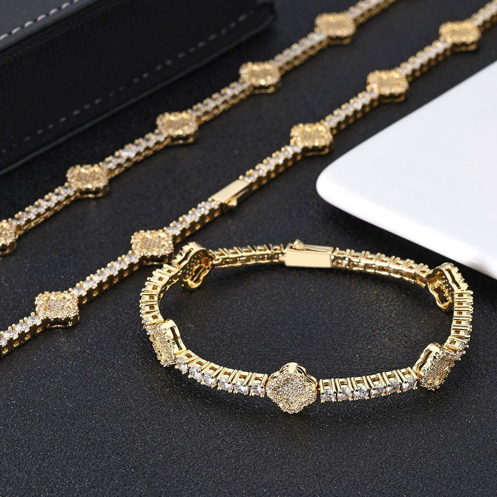 Wholesale Hip Hop Style Copper Zircon Tennis Chain Four Leaf Clover Necklace And Bracelet Jewelry - Image 6