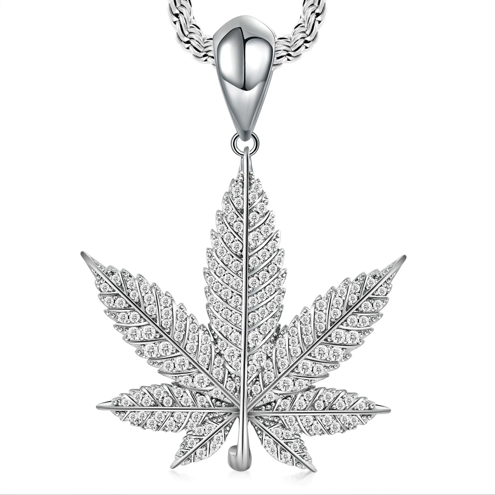 Wholesale Hip Hop Zircon Inlaid Copper Leaf Pendant Necklace With Melon Seed Clasp - Image 5