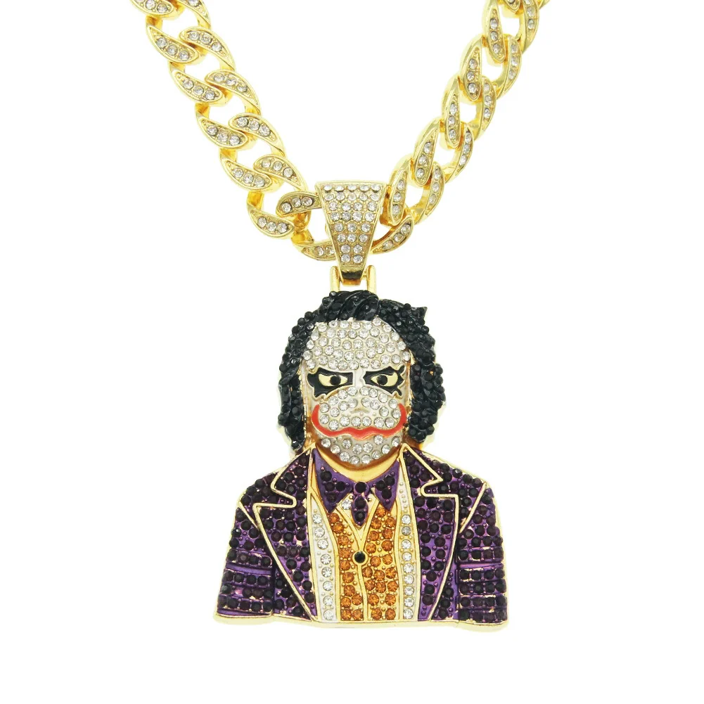 Wholesale Hiphop Alloy Clown Pendant Necklace With Threedimensional Diamondencrusted And Geometric Pattern On Cuban Chain For Men