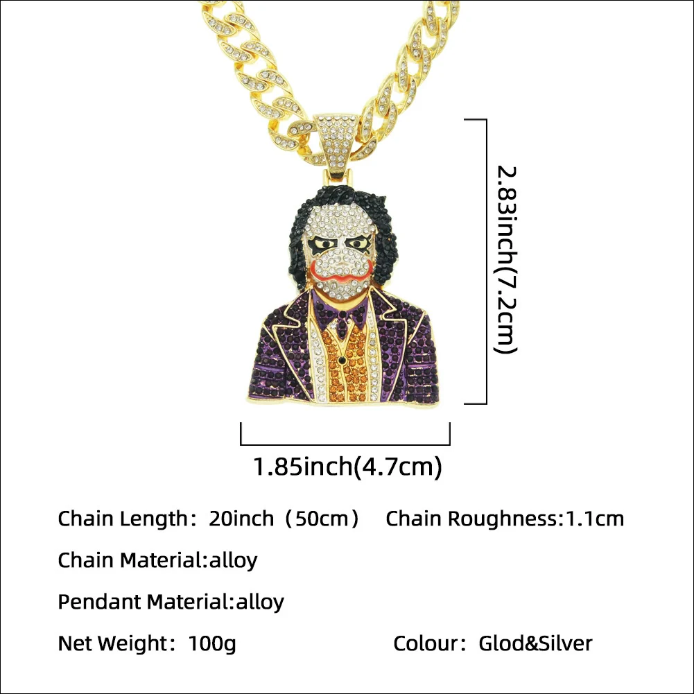 Wholesale Hiphop Alloy Clown Pendant Necklace With Threedimensional Diamondencrusted And Geometric Pattern On Cuban Chain For Men - Image 2