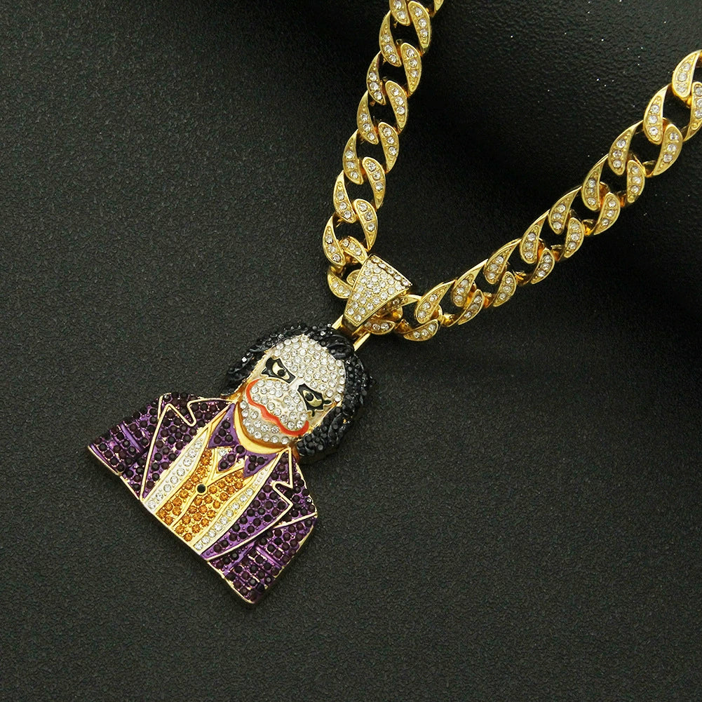 Wholesale Hiphop Alloy Clown Pendant Necklace With Threedimensional Diamondencrusted And Geometric Pattern On Cuban Chain For Men - Image 3