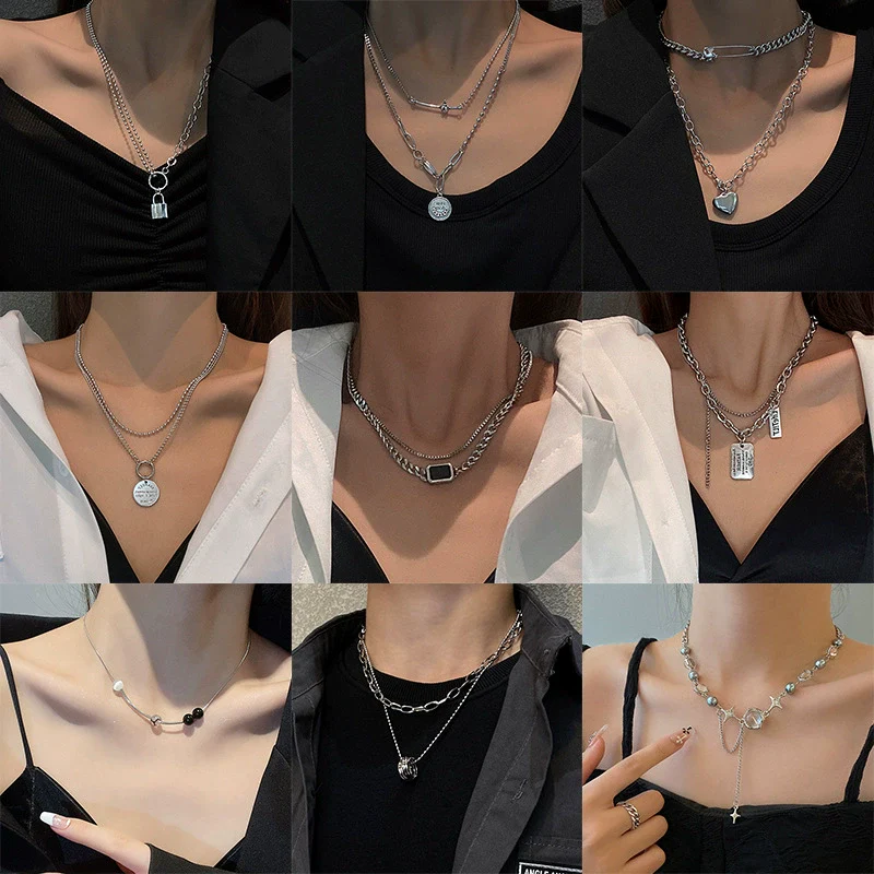 Wholesale Hiphop Fashion Stainless Steel Geometric Pendant Clavicle Chain Necklace For Women Electroplated Metal Accessories