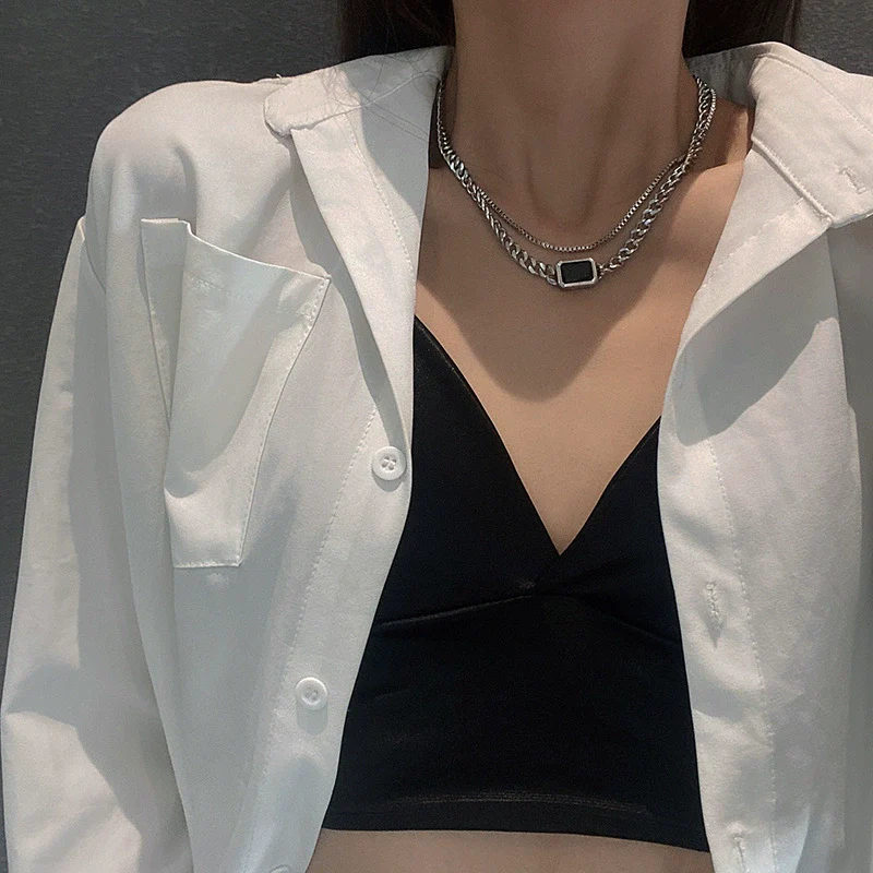 Wholesale Hiphop Fashion Stainless Steel Geometric Pendant Clavicle Chain Necklace For Women Electroplated Metal Accessories - Image 3