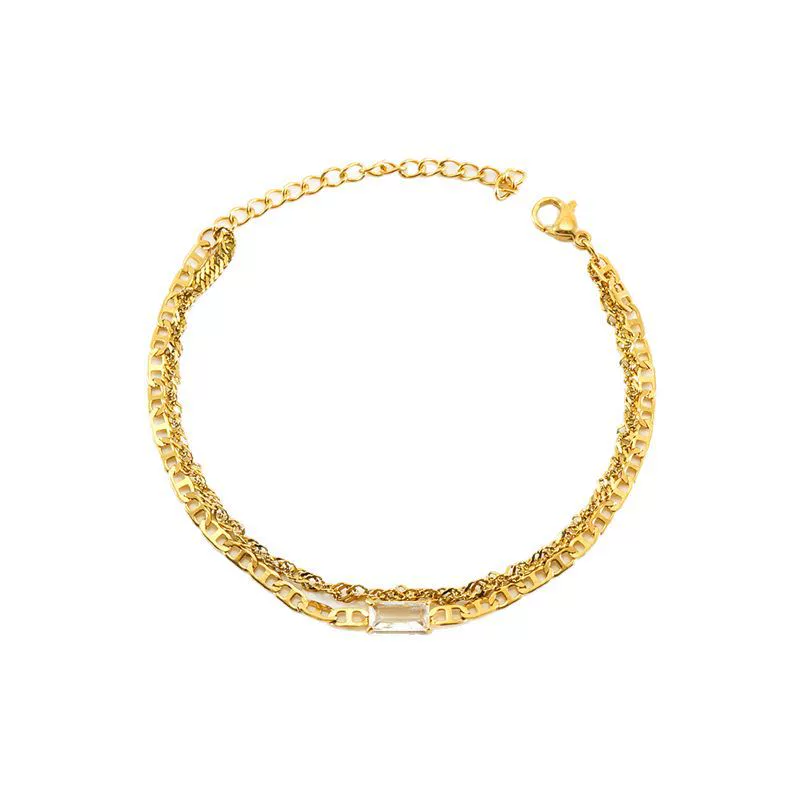 Wholesale Hiphop Geometric Stainless Steel 18K Gold Plated Double Layer Pig Nose Water Wave Chain Zircon Bracelet For Women - Image 5