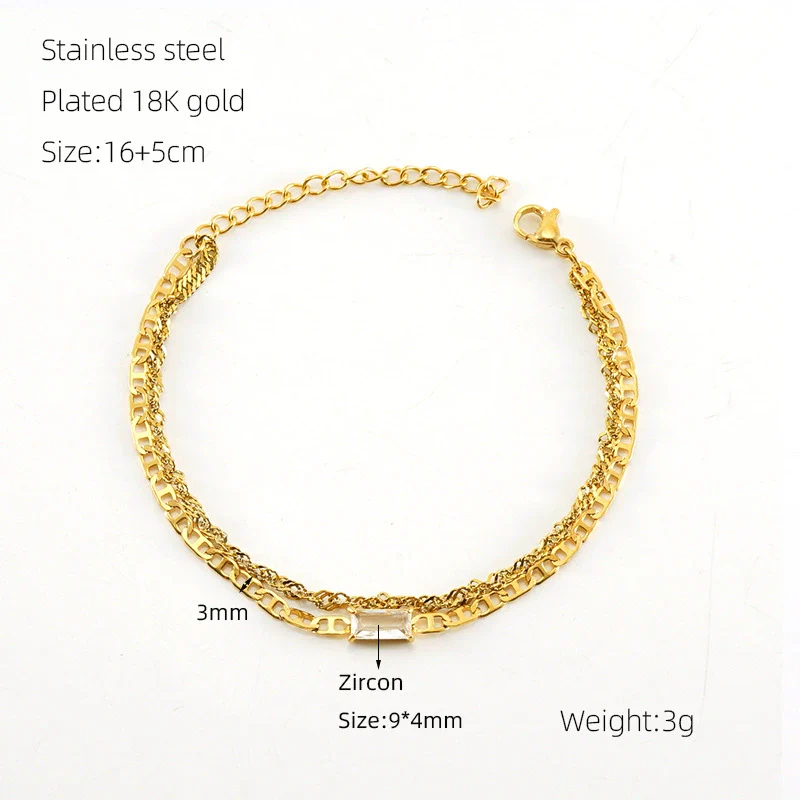 Wholesale Hiphop Geometric Stainless Steel 18K Gold Plated Double Layer Pig Nose Water Wave Chain Zircon Bracelet For Women - Image 6