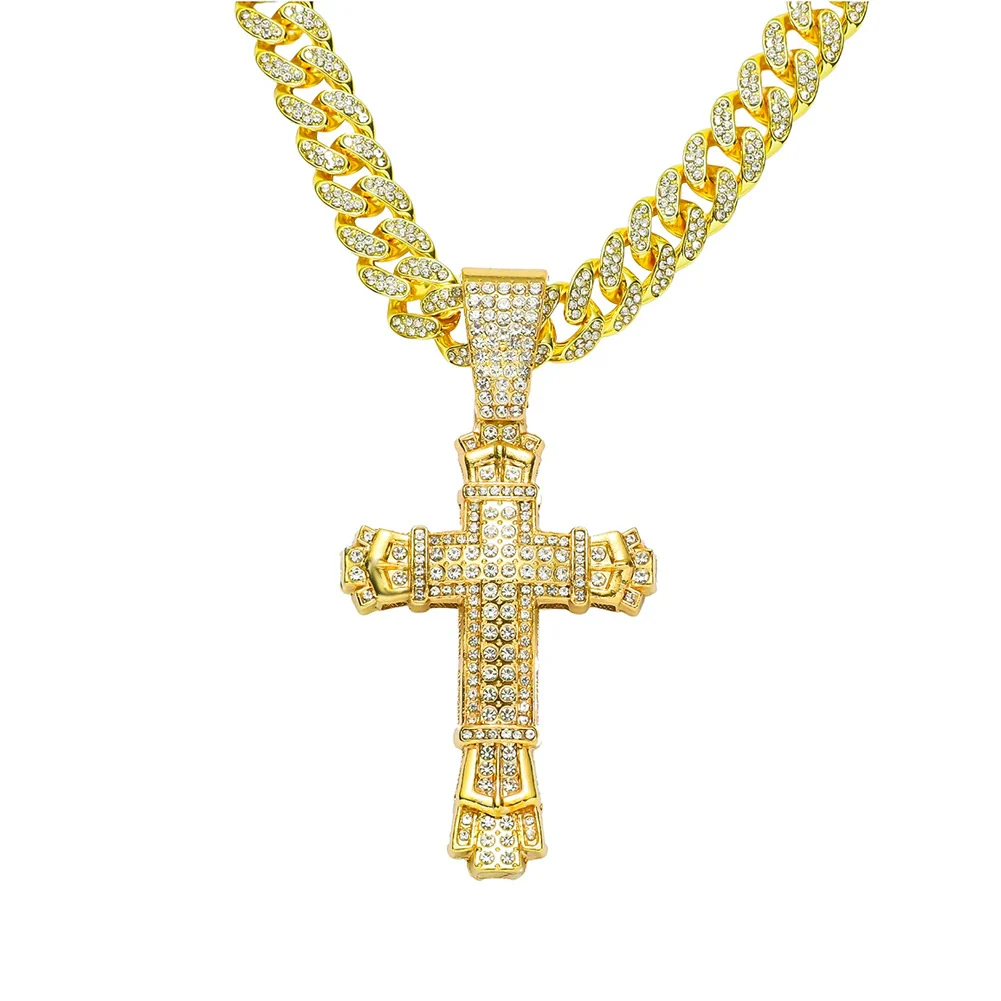 Wholesale Hiphop Style Alloy Cross Pendant Necklace With Diamond And Cuban Chain Geometric Pattern