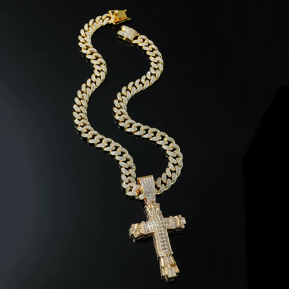 Wholesale Hiphop Style Alloy Cross Pendant Necklace With Diamond And Cuban Chain Geometric Pattern - Image 3