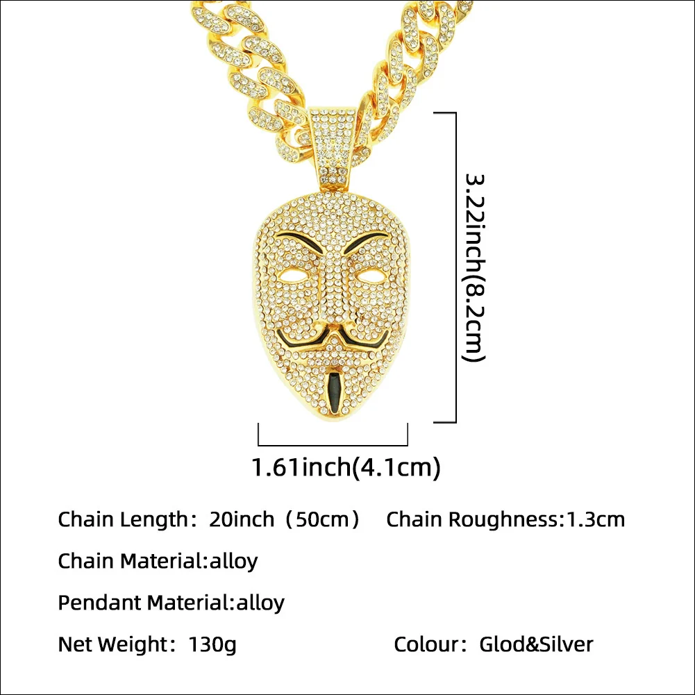 Wholesale Hiphop Style Alloy Mask Pendant Necklace With Geometric Design And Full Diamond Decoration On Cuban Chain - Image 2