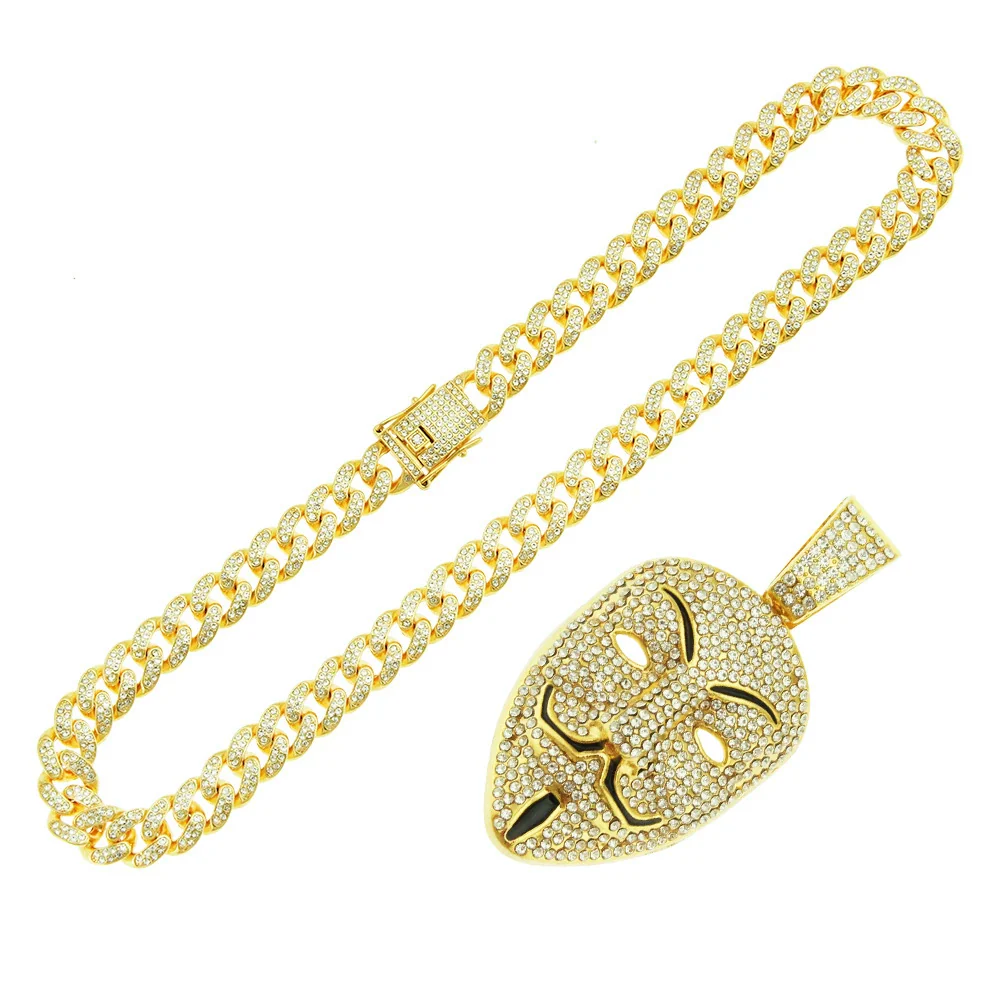 Wholesale Hiphop Style Alloy Mask Pendant Necklace With Geometric Design And Full Diamond Decoration On Cuban Chain - Image 5