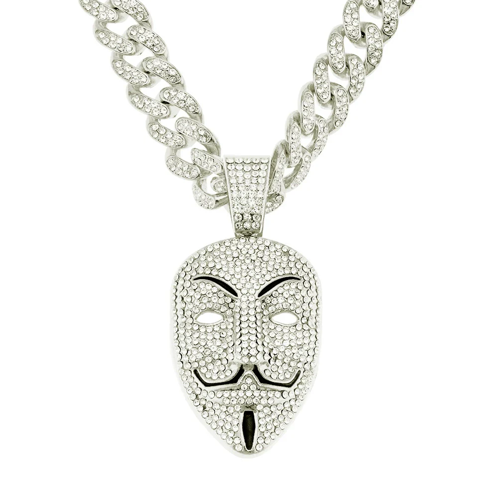Wholesale Hiphop Style Alloy Mask Pendant Necklace With Geometric Design And Full Diamond Decoration On Cuban Chain - Image 6