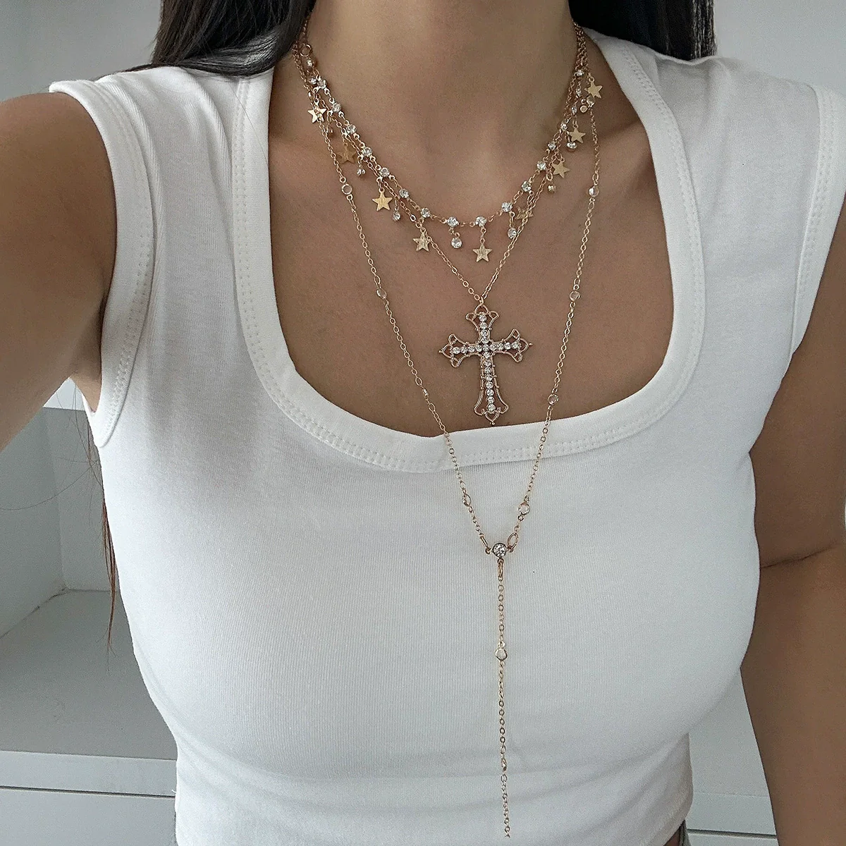 Wholesale Hiphop Style Alloy Pendant Long Necklace With Star Shape And Geometric Pattern Electroplated For Women - Image 6