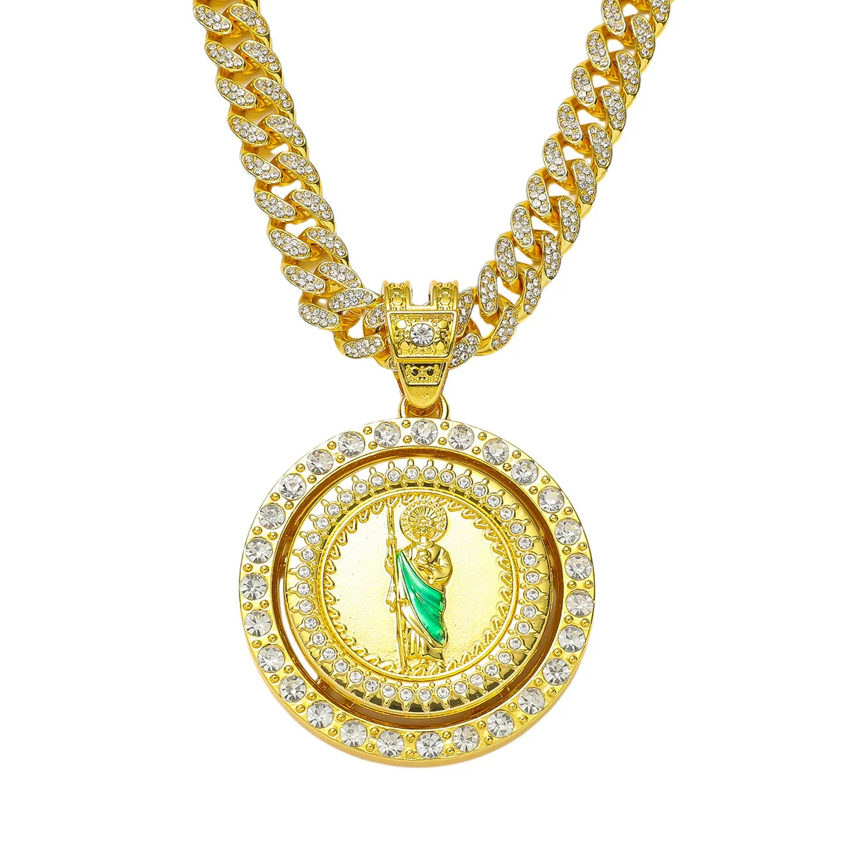 Wholesale Hiphop Style Religious Rotation Statue Pendant Necklace Alloy Material Electroplating Treatment Cuban Chain Style For Men