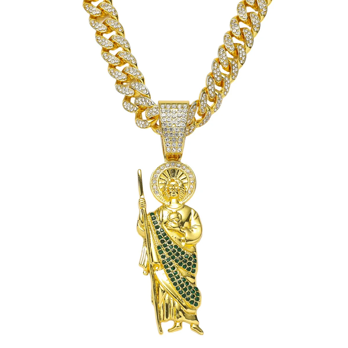 Wholesale Hiphop Style Religious Statue Pendant Necklace Zinc Alloy Cuban Chain Electroplating