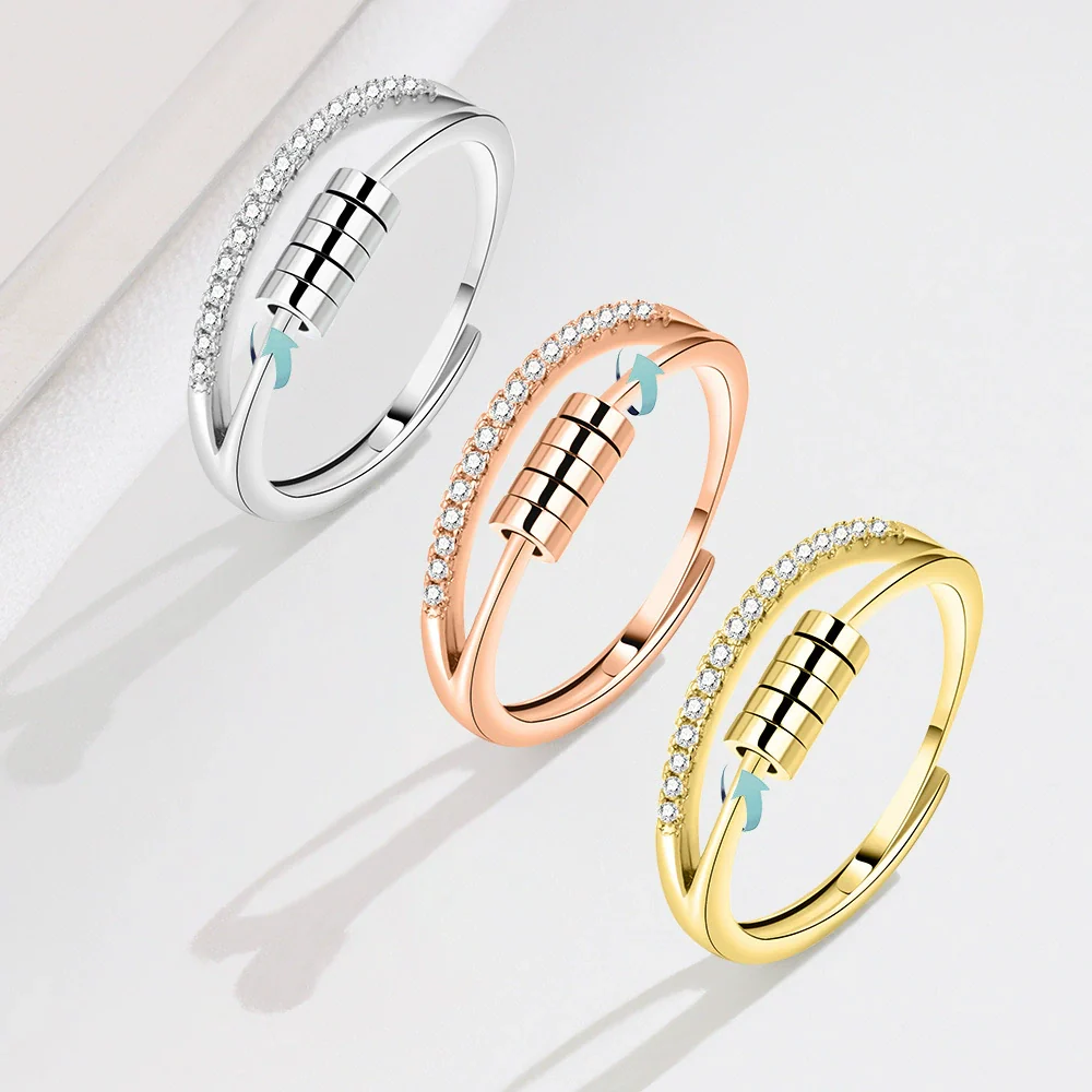 Wholesale Hipster Hip Hop Rotating Personality Ring S925 Sterling Silver Geometric Fivering Zircon Electroplated
