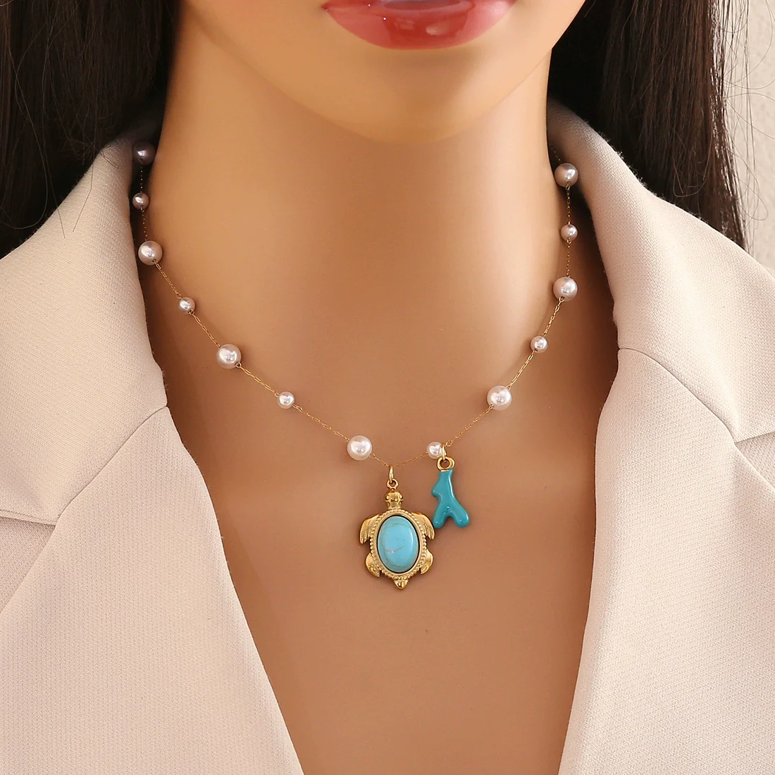 Wholesale Imitation Pearl Necklace With Ocean Shell Starfish Turtle Pendant Stainless Steel Animal Zodiac Jewelry - Image 2