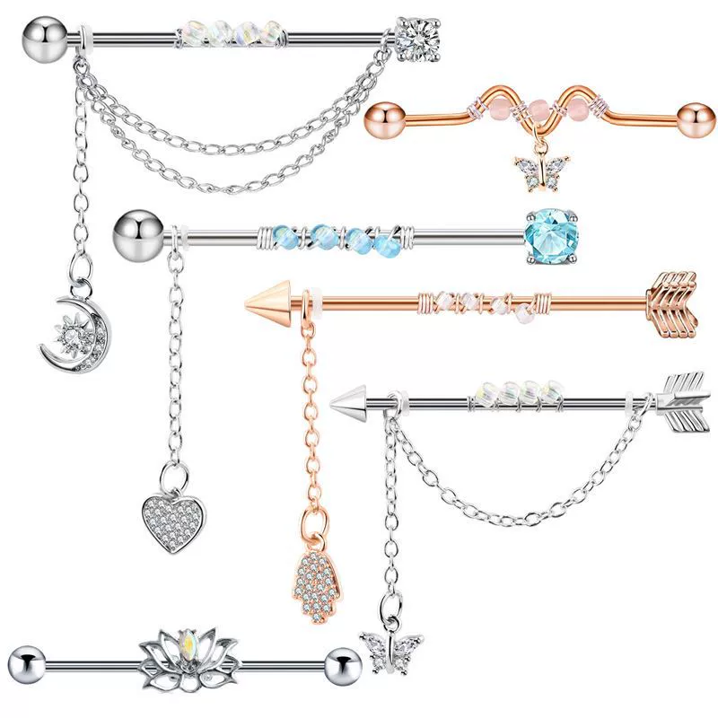 Wholesale Industrial Style Stainless Steel Ear Long Rod Body Piercing Jewelry With Flower Pattern And Electroplating Process