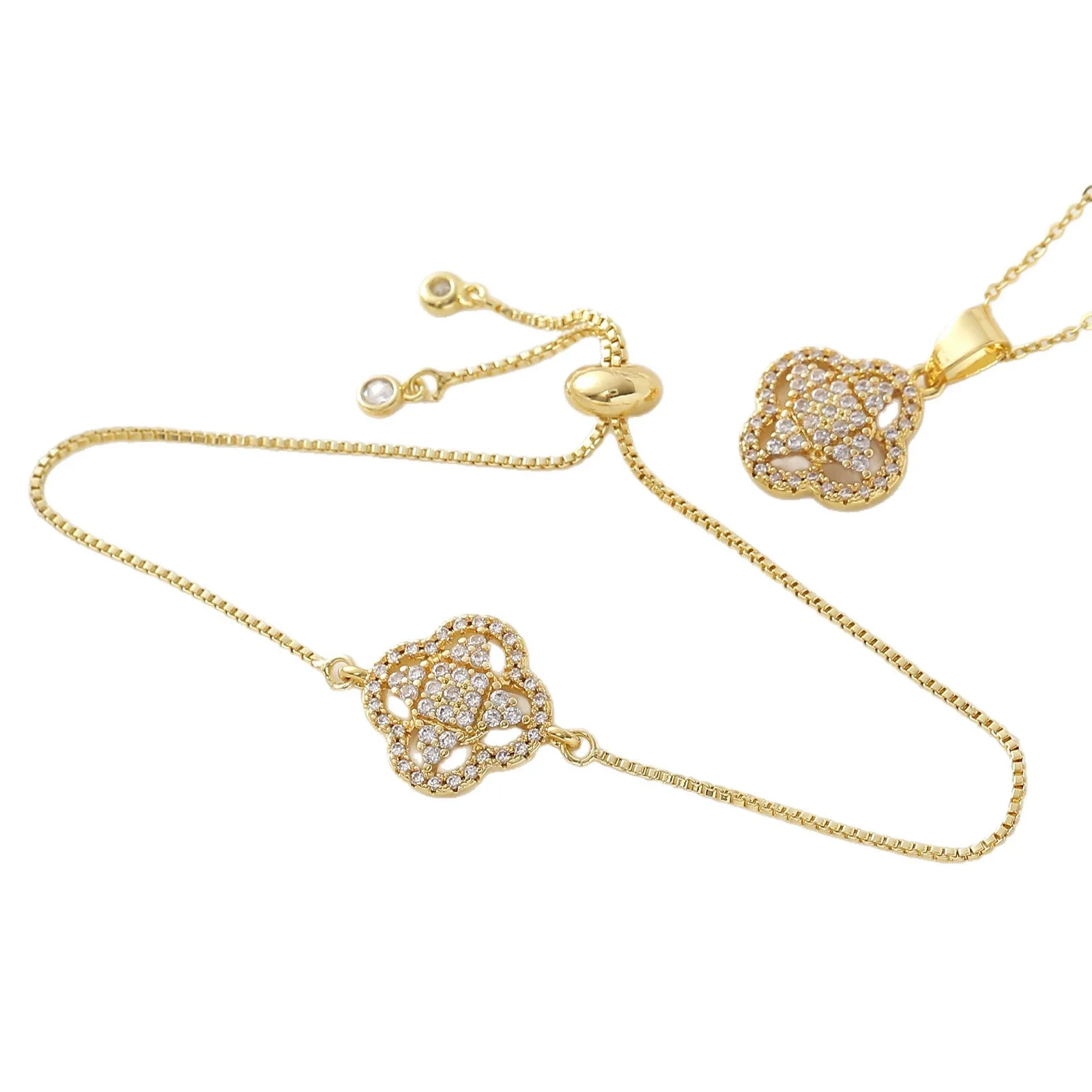 Wholesale Ins Style Copper Electroplated 18K Gold Four Leaf Clover Pendant Necklace And Bracelet Set - Image 5