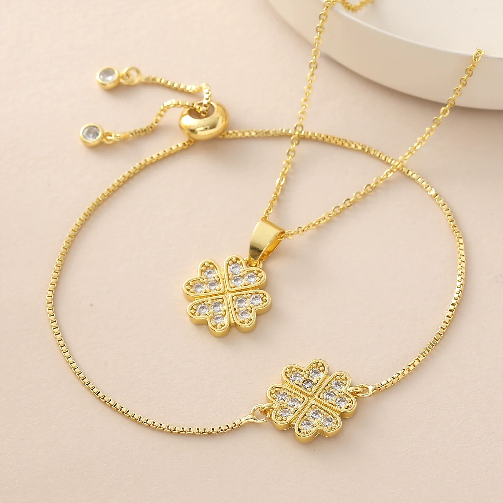 Wholesale Ins Style Goldplated Copper Fourleaf Clover Pendant Necklace With Pullout Bracelet Jewelry Set For Women - Image 2