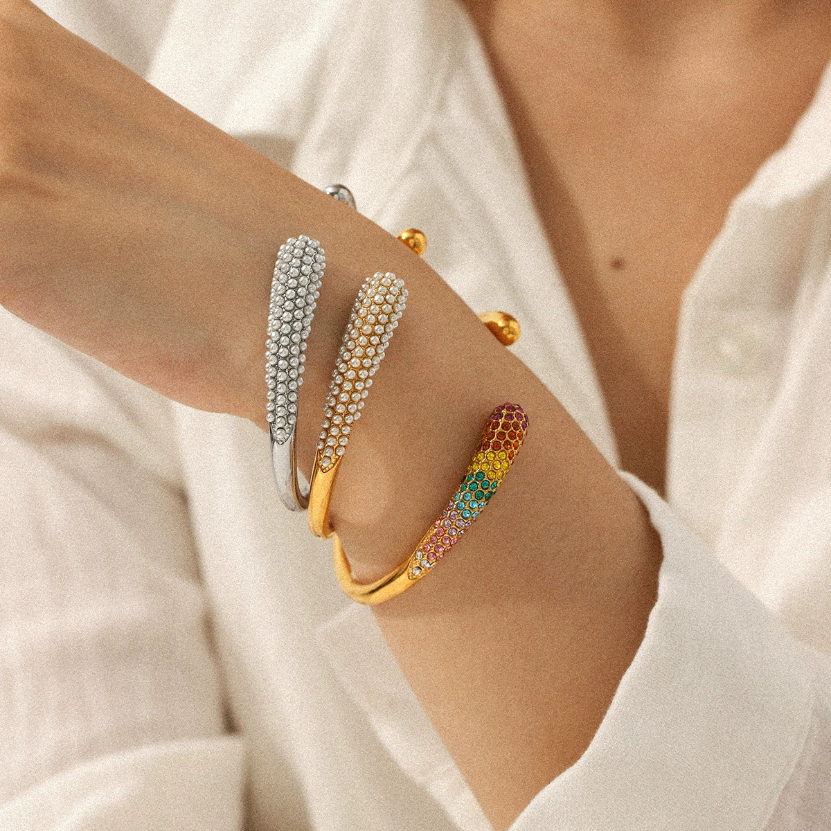 Wholesale Ins Style Minimalist Open Bracelet Electroplated Titanium Steel And Stainless Steel Inlaid With Pearls Hand Jewelry