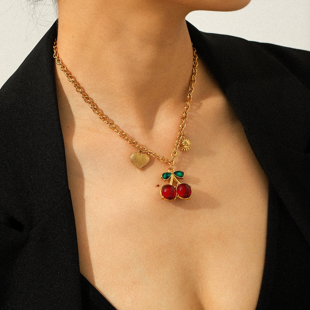 Wholesale Ins Style Stainless Steel Cherry Shaped Fruit Pattern Vacuum Electroplated In Furnace Pendant Necklace For Women - Image 3