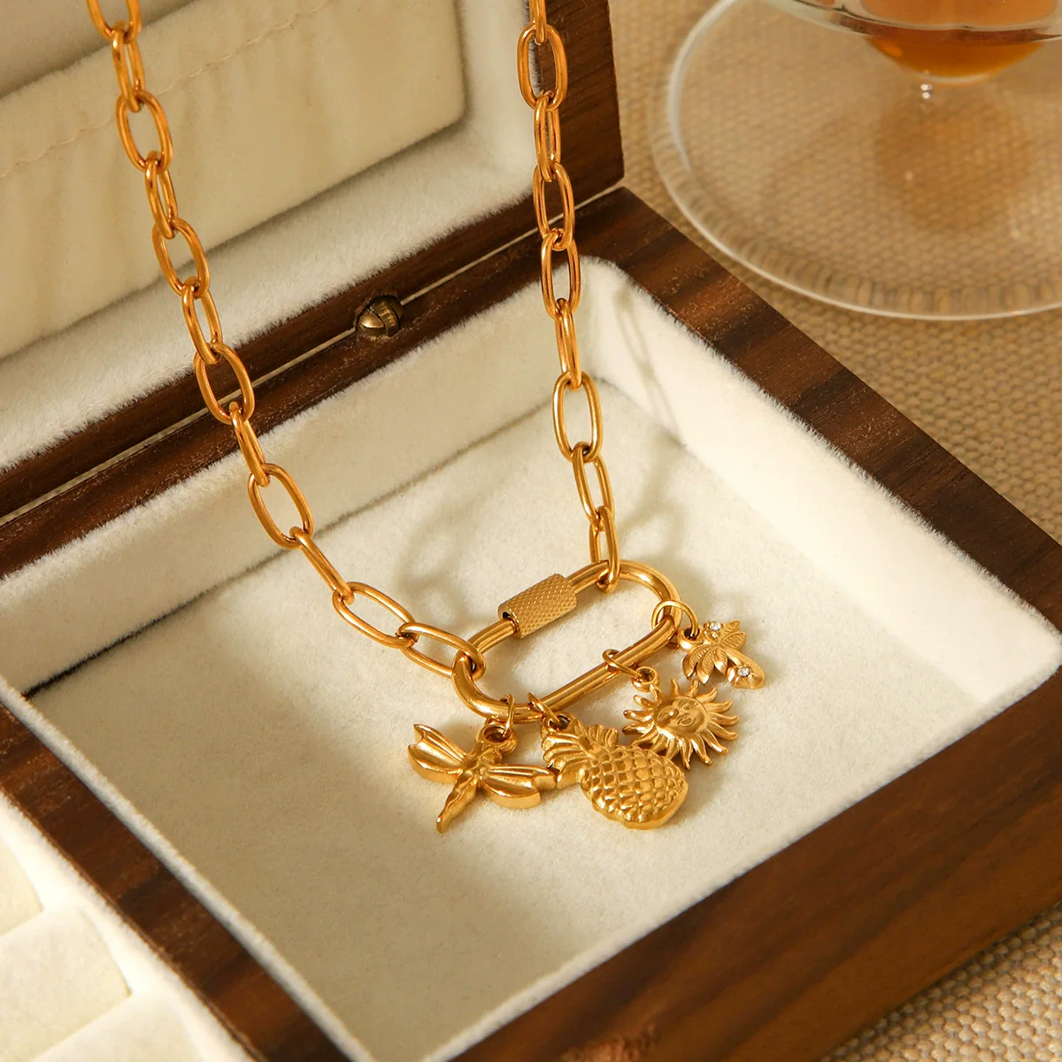 Wholesale Ins Style Stainless Steel Electroplated Jewelry Accessories With Coconut Tree Sun Fruit Geometric Lock Carabiner Cross Chain Pendant Necklace For Women - Image 3