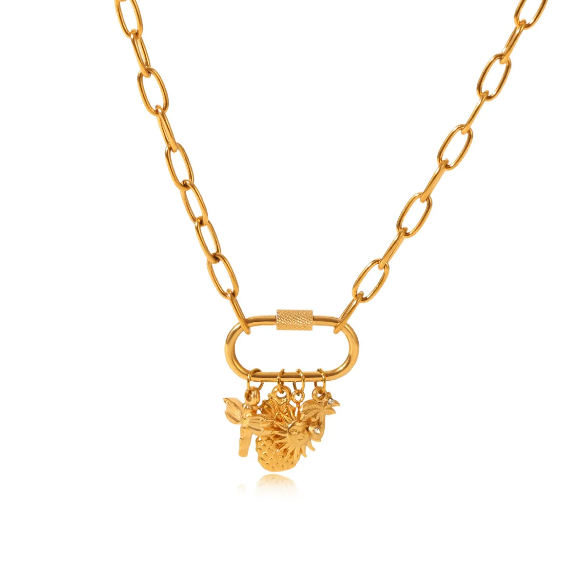 Wholesale Ins Style Stainless Steel Electroplated Jewelry Accessories With Coconut Tree Sun Fruit Geometric Lock Carabiner Cross Chain Pendant Necklace For Women - Image 5