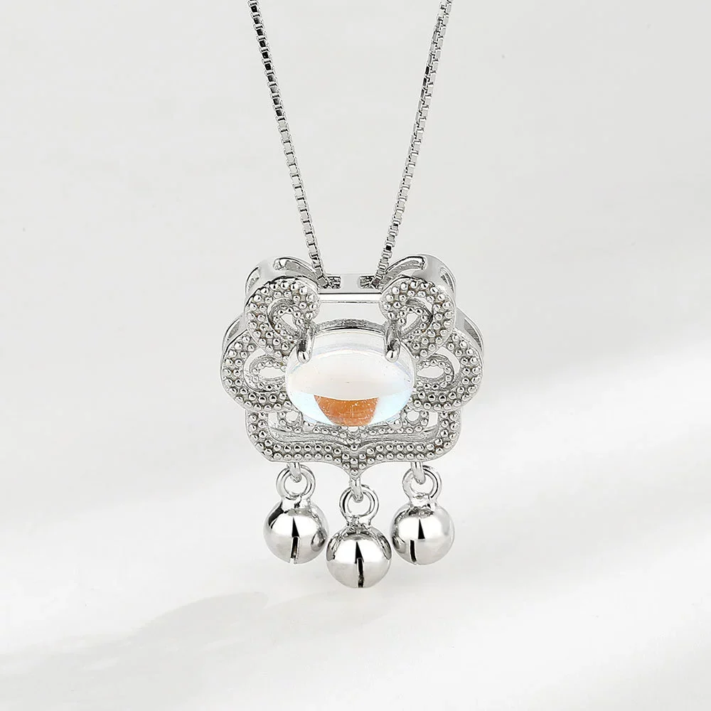Wholesale Jewelry 925 Sterling Silver Geometric Long Life Lock Bell Necklace With Moonstone And Electroplating Treatment - Image 3