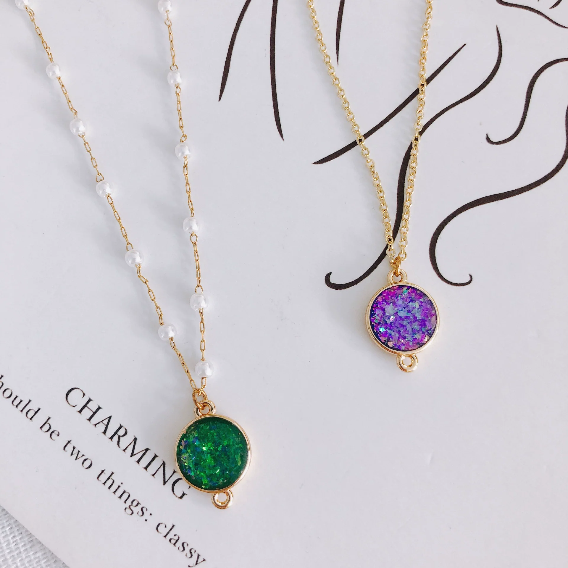 Wholesale Jewelry Accessories Copper Resin Geometric Round Gold Foil Inlay Double Hanging Pendant Necklace Material - Image 3