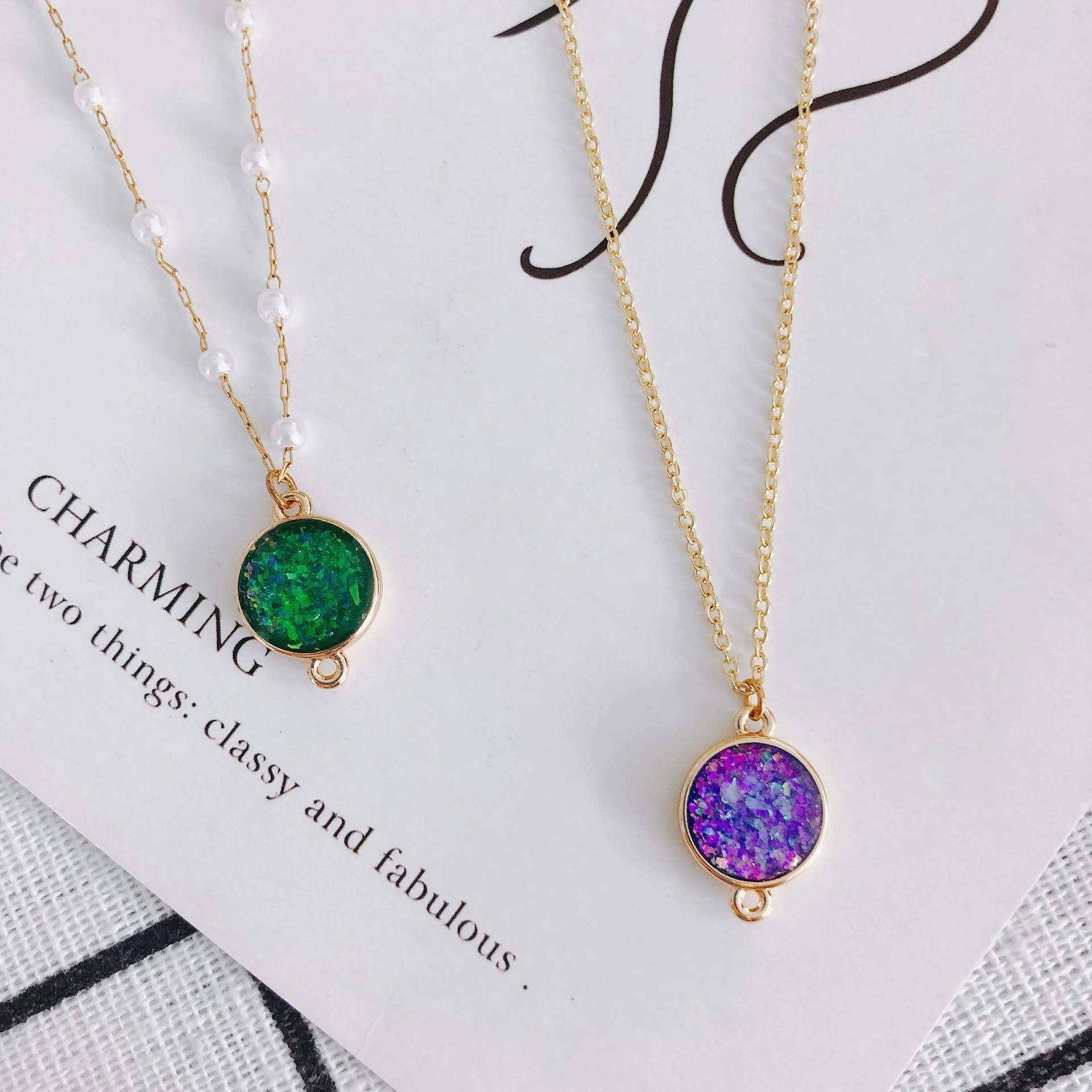 Wholesale Jewelry Accessories Copper Resin Geometric Round Gold Foil Inlay Double Hanging Pendant Necklace Material - Image 4