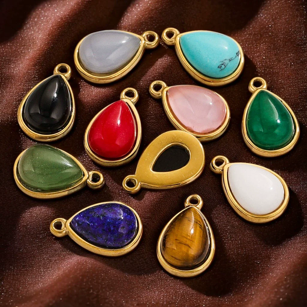 Wholesale Jewelry Accessories Stainless Steel Oval Water Drop Inlaid Natural Stone Handmade With Electroplated 18K Gold - Image 2