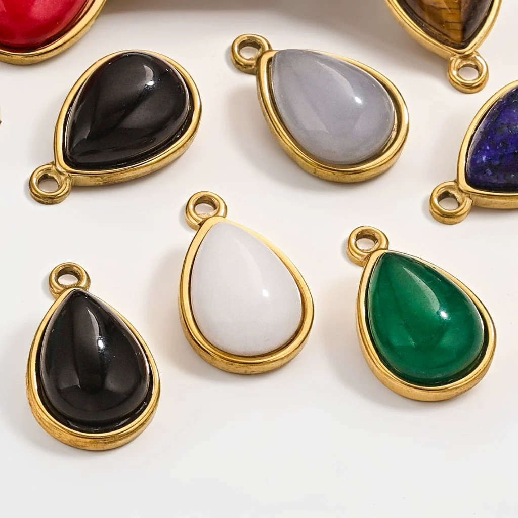 Wholesale Jewelry Accessories Stainless Steel Oval Water Drop Inlaid Natural Stone Handmade With Electroplated 18K Gold - Image 3