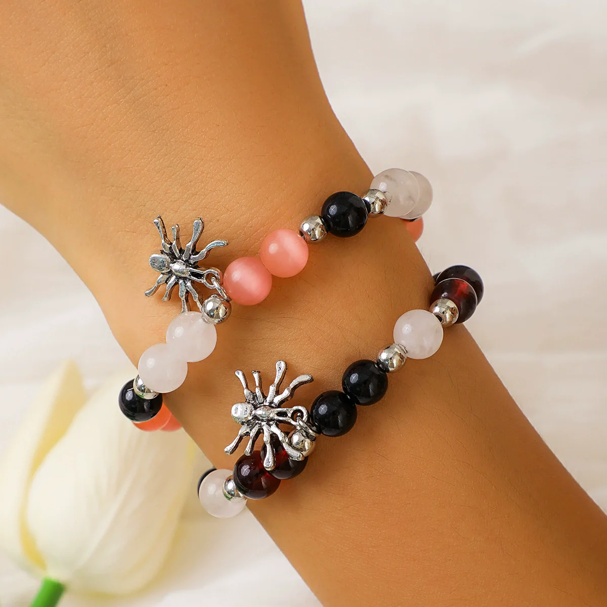 Wholesale Jewelry Alloy Beaded Elastic Bracelet With Spider Pendant Geometric Animal Pattern Electroplated For Women