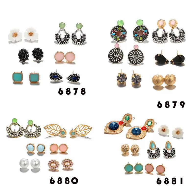 Wholesale Jewelry Alloy Flower Leaves Diamond Pearl Water Drops Geometric Vintage Fashion Electroplated Earrings Set