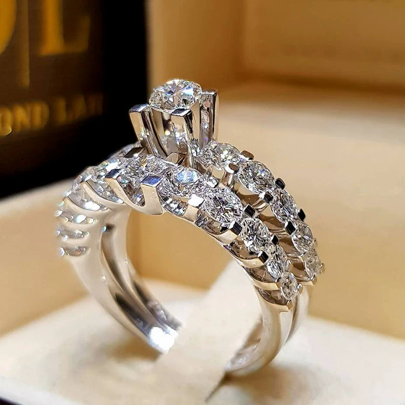 Wholesale Jewelry Alloy Geometric Micro Inlaid Full Diamond Zircon Twopiece Ring Luxury Temperament Couple Style - Image 3