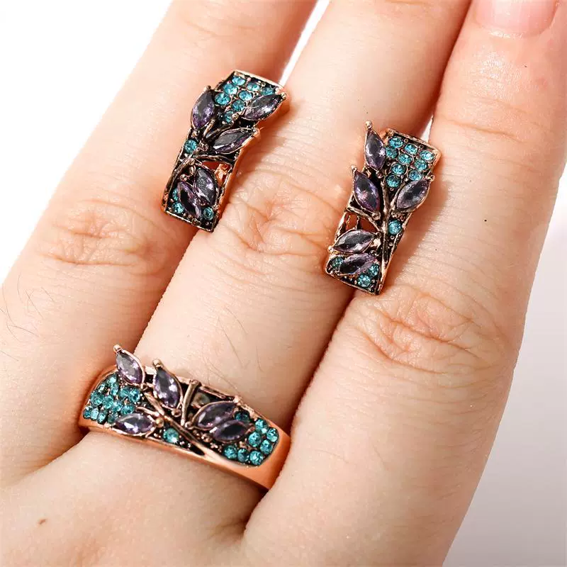 Wholesale Jewelry Alloy Green Leaf Shape Inlaid Purple Crystal Zircon Electroplating Unisex - Image 6