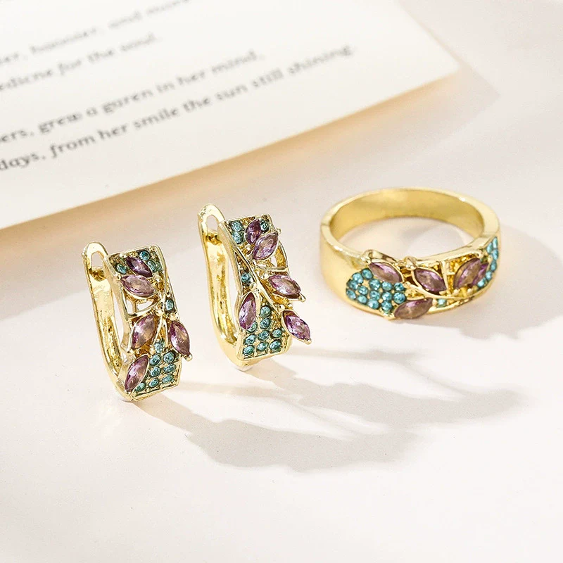 Wholesale Jewelry Alloy Green Leaf Shape Inlaid Purple Crystal Zircon Electroplating Unisex - Image 7