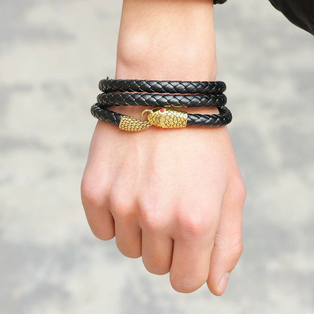 Wholesale Jewelry Alloy Leather Bracelet With Snake Head Animal Pattern Electroplated For Men - Image 3