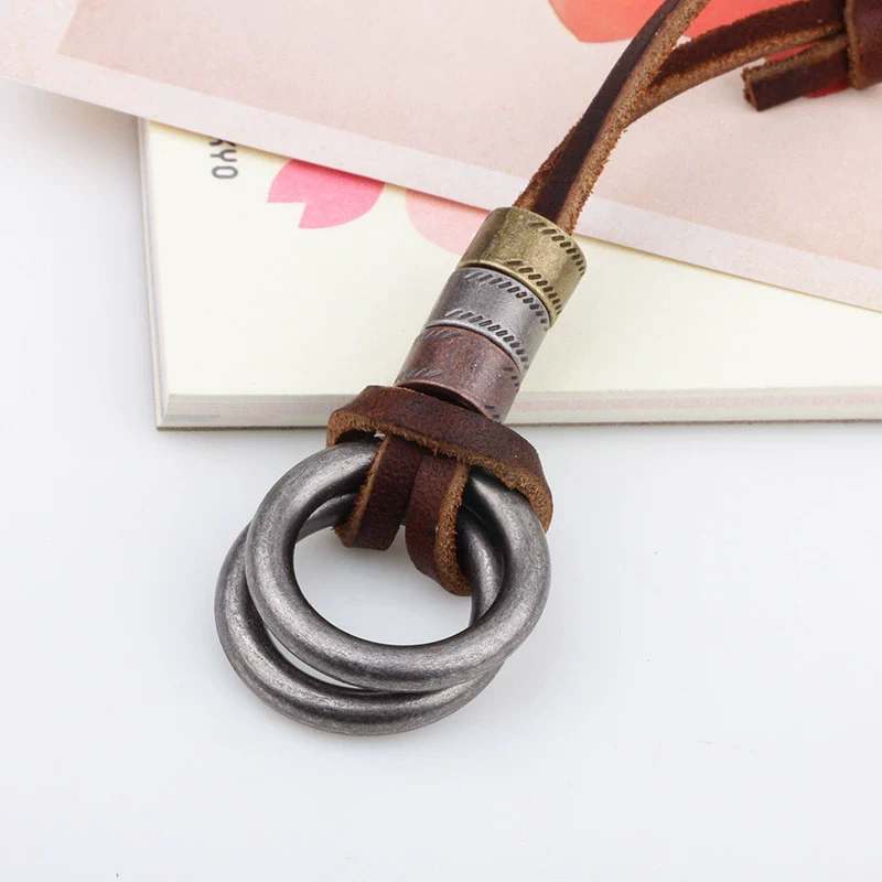 Wholesale Jewelry Alloy Leather Rope Cowhide Geometric Electroplating Ring Pendant Necklace For Men - Image 3